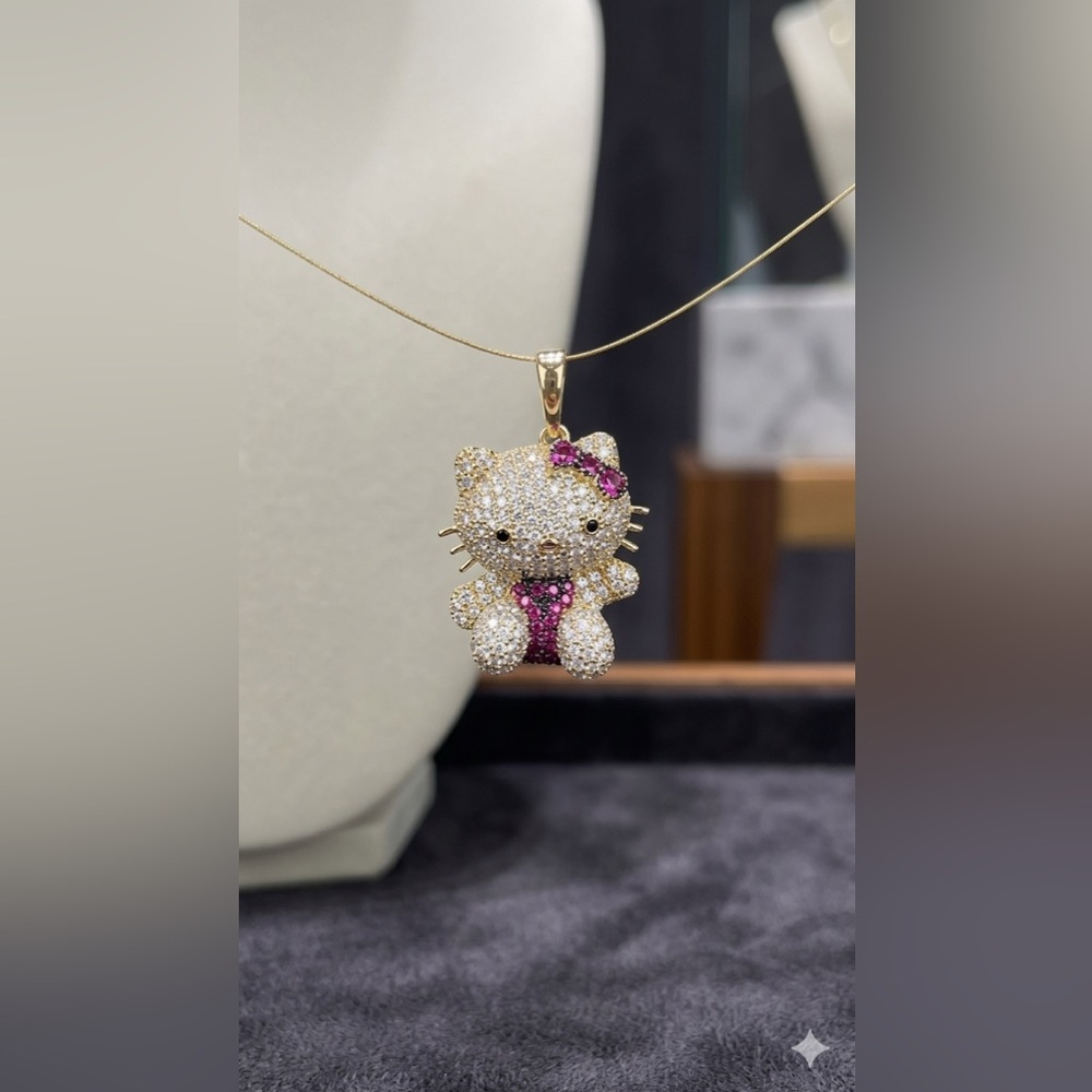 Hello Kitty-Inspired Gold Tone Crystal Pendant Necklace in Pink and White